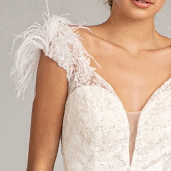 WHITE Feather Embellished Sleeveless Glitter Mesh Prom Dress Sheer Back GL1983 - Picture 6 of 8